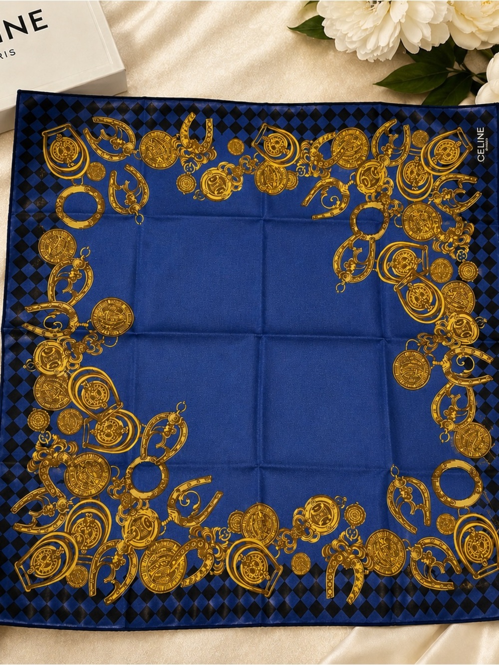 Authentic Celine Paris Blue Gold Cotton Scarf 18” Square Horseshoe Coin Print